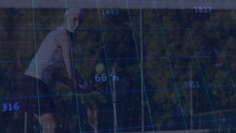 Woman swinging racket on hard court, showing animated technology grid and performance data