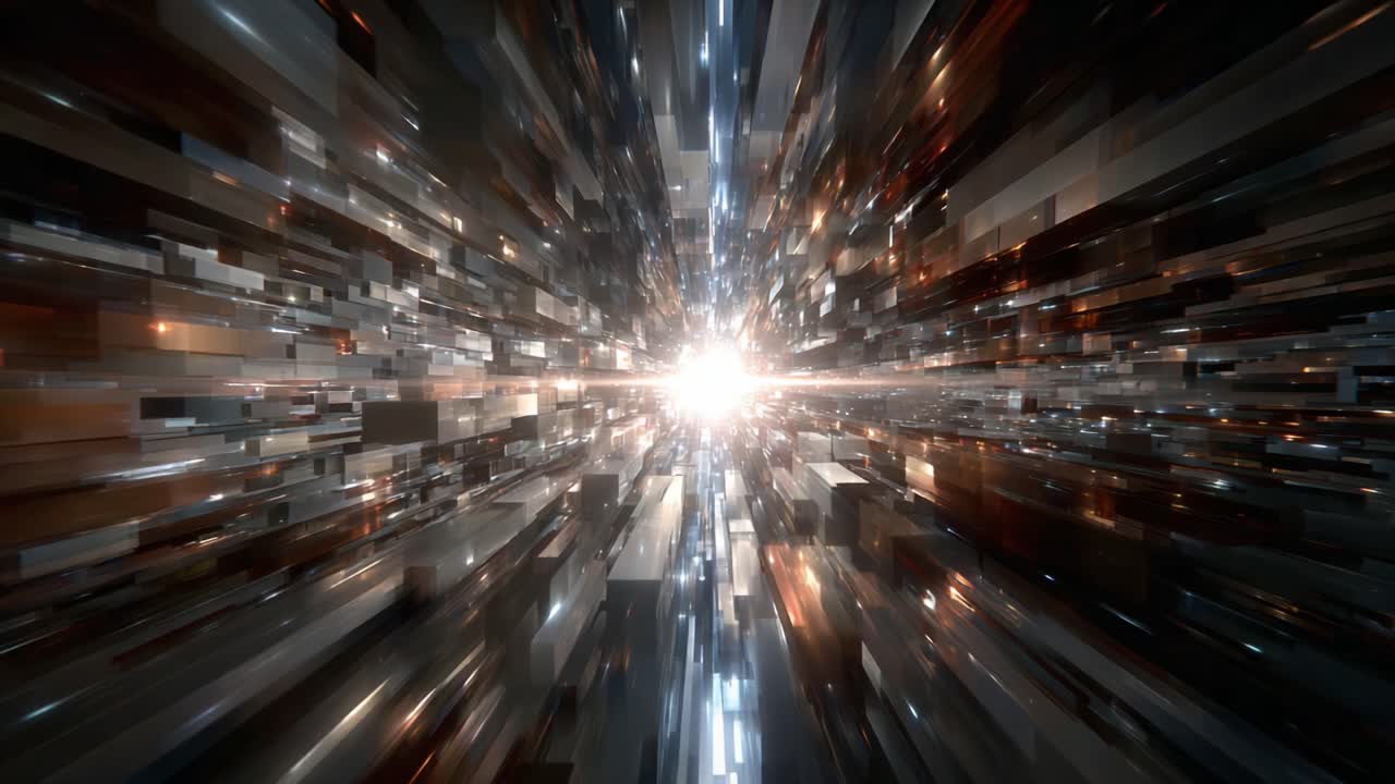 A Stunning Journey Through a Digital Cosmos: Exploring Depths of Light, Movement, and Abstract Structures in a Thrilling Virtual Space Adventure