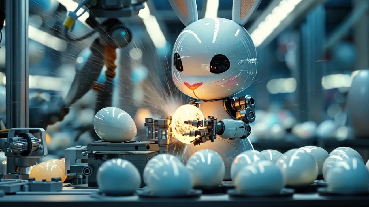 Robot Bunny Working on Glowing Easter Eggs in a Futuristic Factory