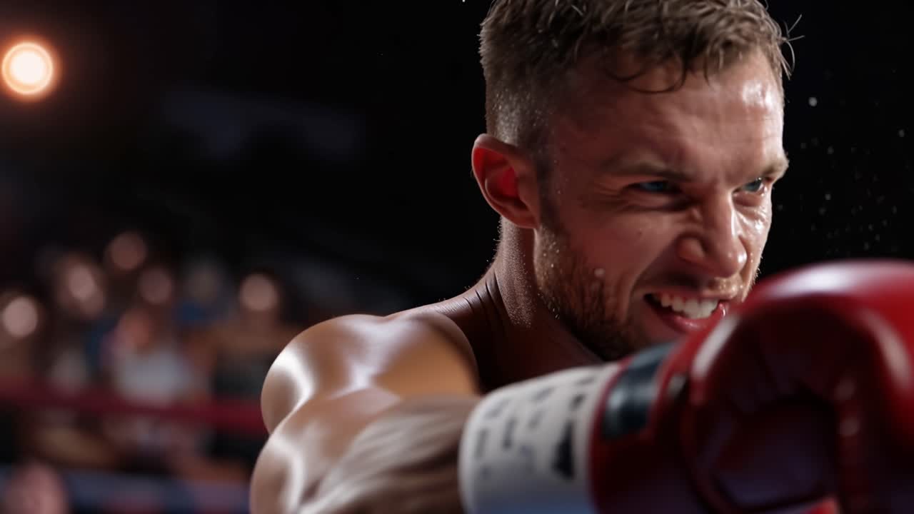 Intense Boxing Match: A Fighter's Determined Expression and Powerful Stance Captured in Stunning Detail, Showcasing the Spirit of Competition and Athleticism