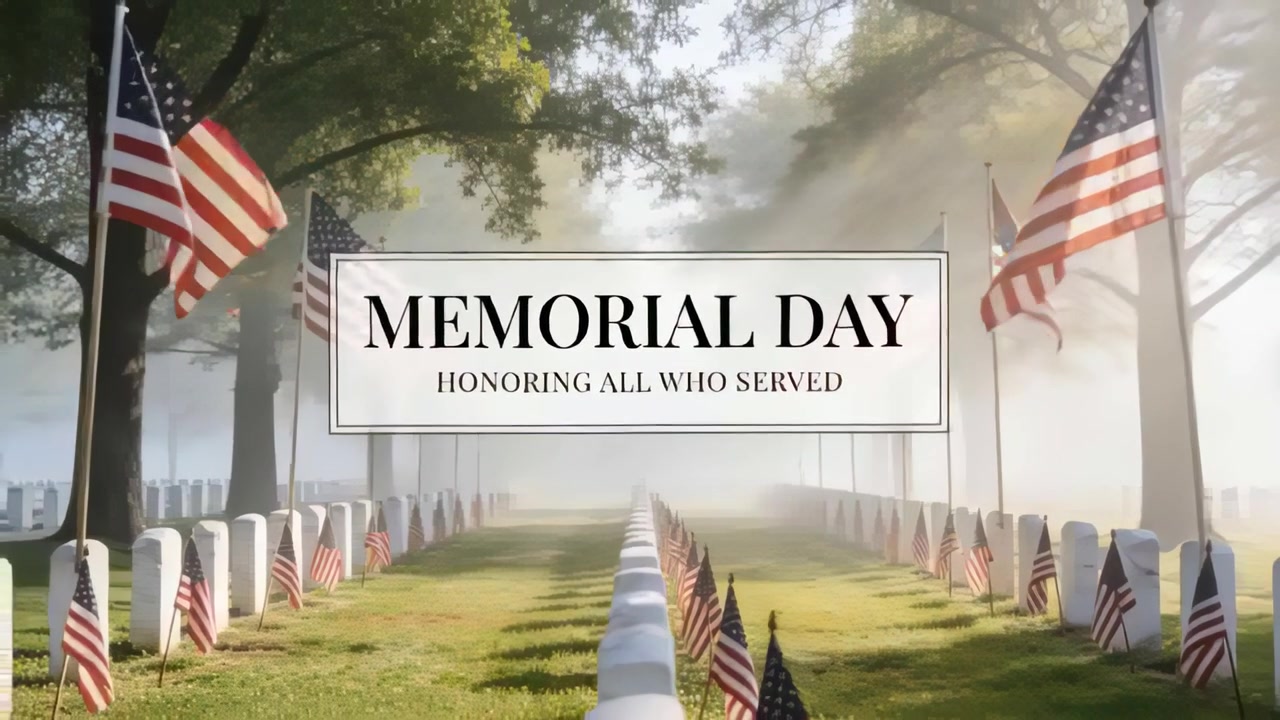 Framing MEMORIAL DAY over white markers along aisle cam showing breeze stirring US flags honoring