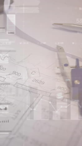 animation of statistics and financial data processing over architects plans and compass