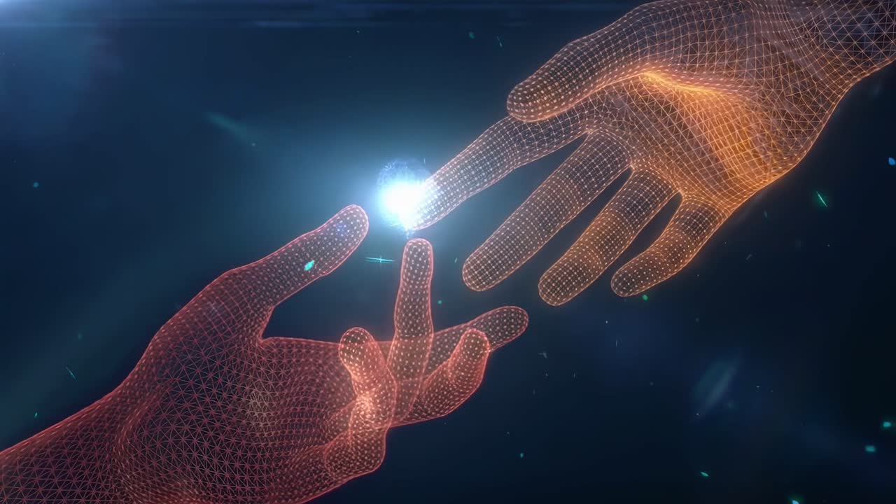 Mani digitali che si protendono in un video futuristico, catturate da un'angolazione laterale, con wireframe luminoso.