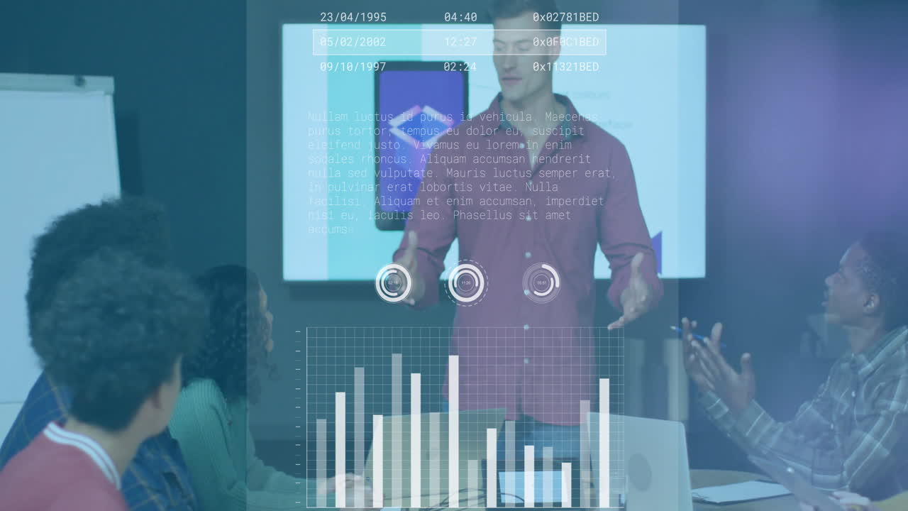 Presenting data analytics animation, diverse team collaborating in business meeting room