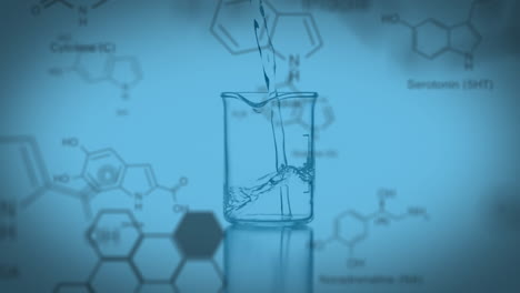 pouring liquid into beaker, chemical structures and formulas in background animation