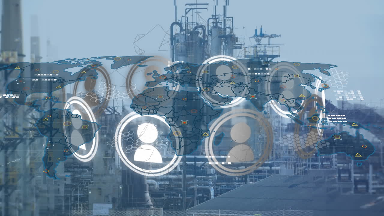 animación de múltiples iconos de perfil girando sobre el mapa del mundo contra el sitio de construcción