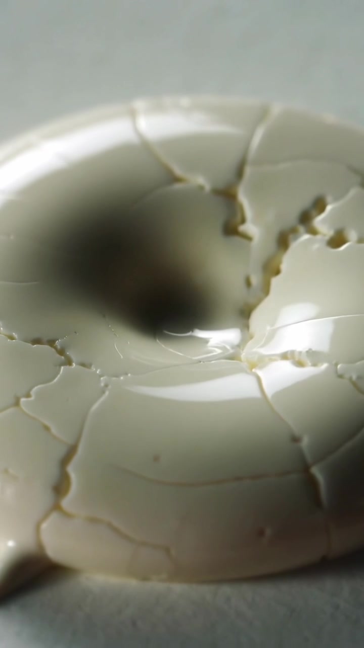 Vertical video: Focusing lens showing peeled egg cracking then caving on grey table with tiny drop