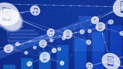 Animation-of-network-of-digital-icons-and-statistical-data-processing-against-blue-background