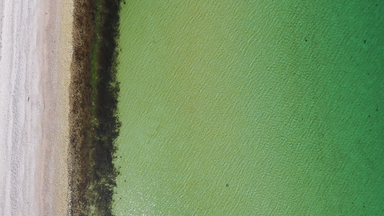 Aerial top down view rising higher showing calm clear turquoise sea and an empty beach , on a bright sunny day