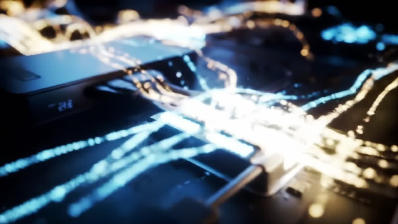 Dynamic Visuals of Electric Circuits and Data Flow Represented by Illuminated Lines Across a Circuit Board with a Storage Device in Last Frame