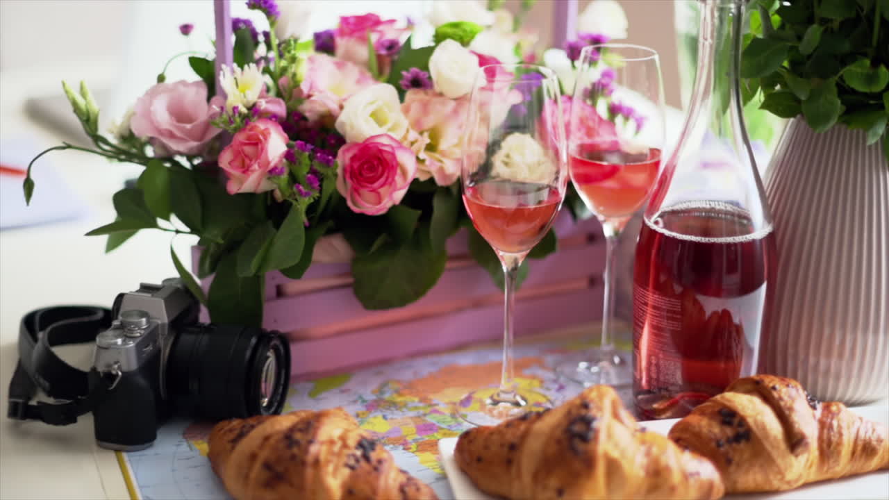 Close up of croissants and glasses of rose on a table with a pink basket of flowers