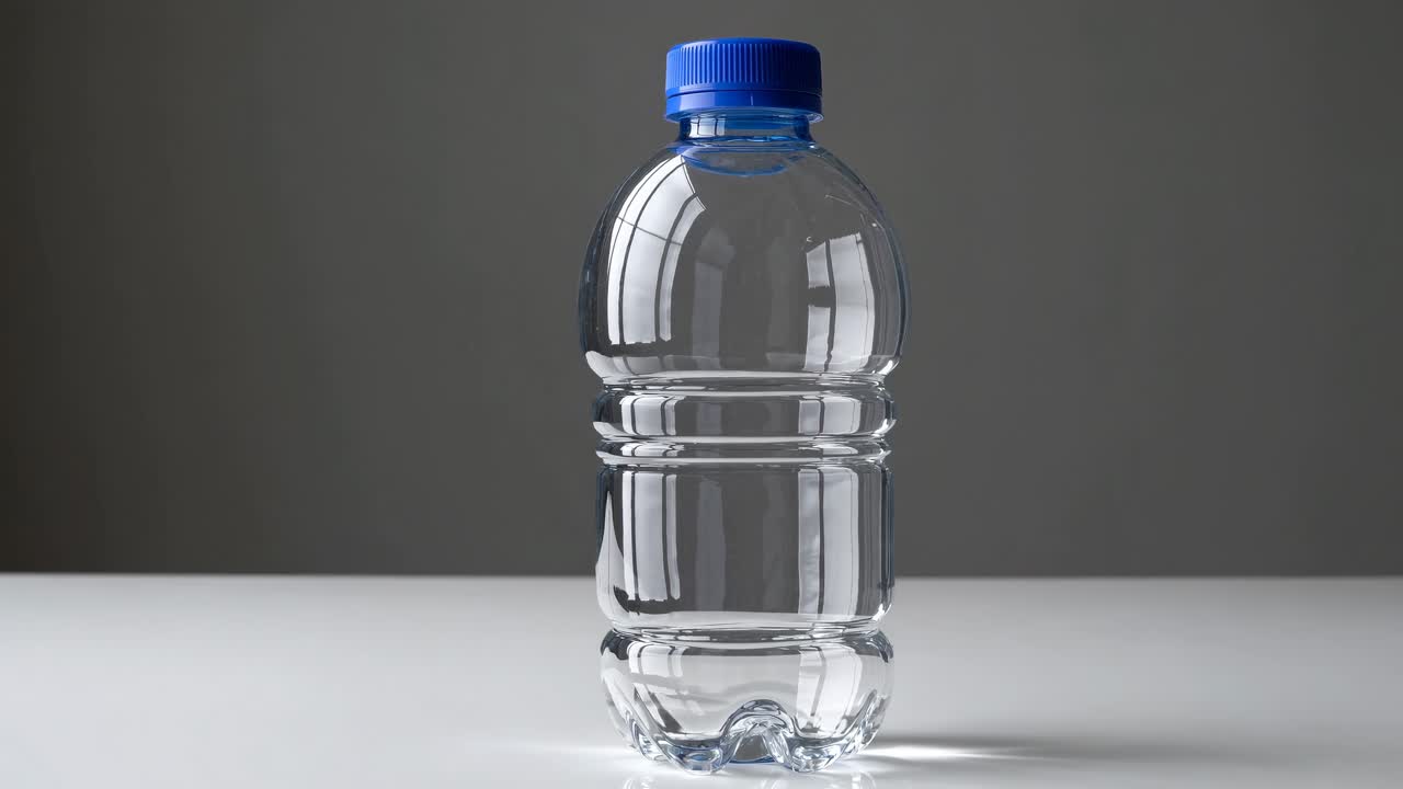 A minimalist video still of a plastic water bottle on a white surface