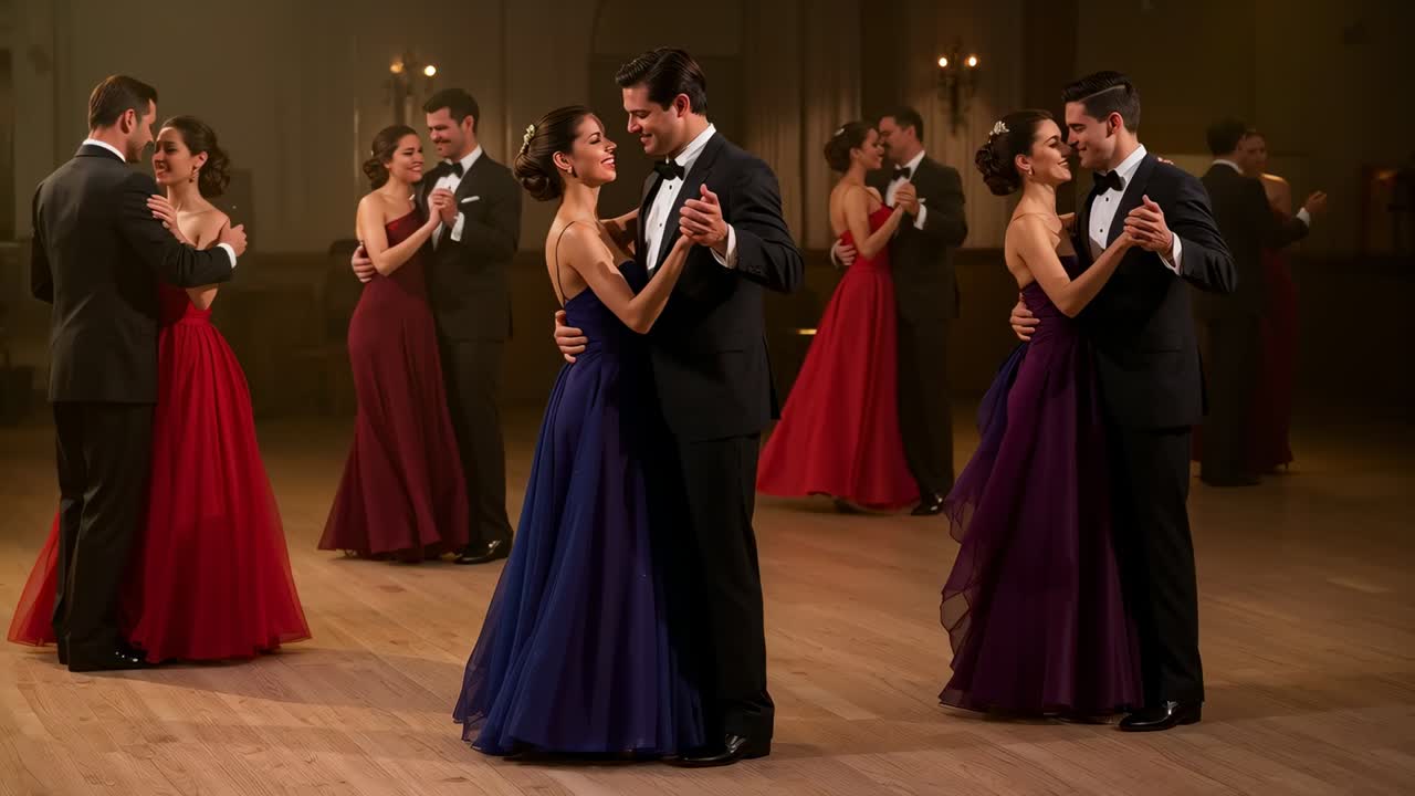 Camera tightening, central pair in deep blue gown and black tuxedo swaying, kissing on wooden floor