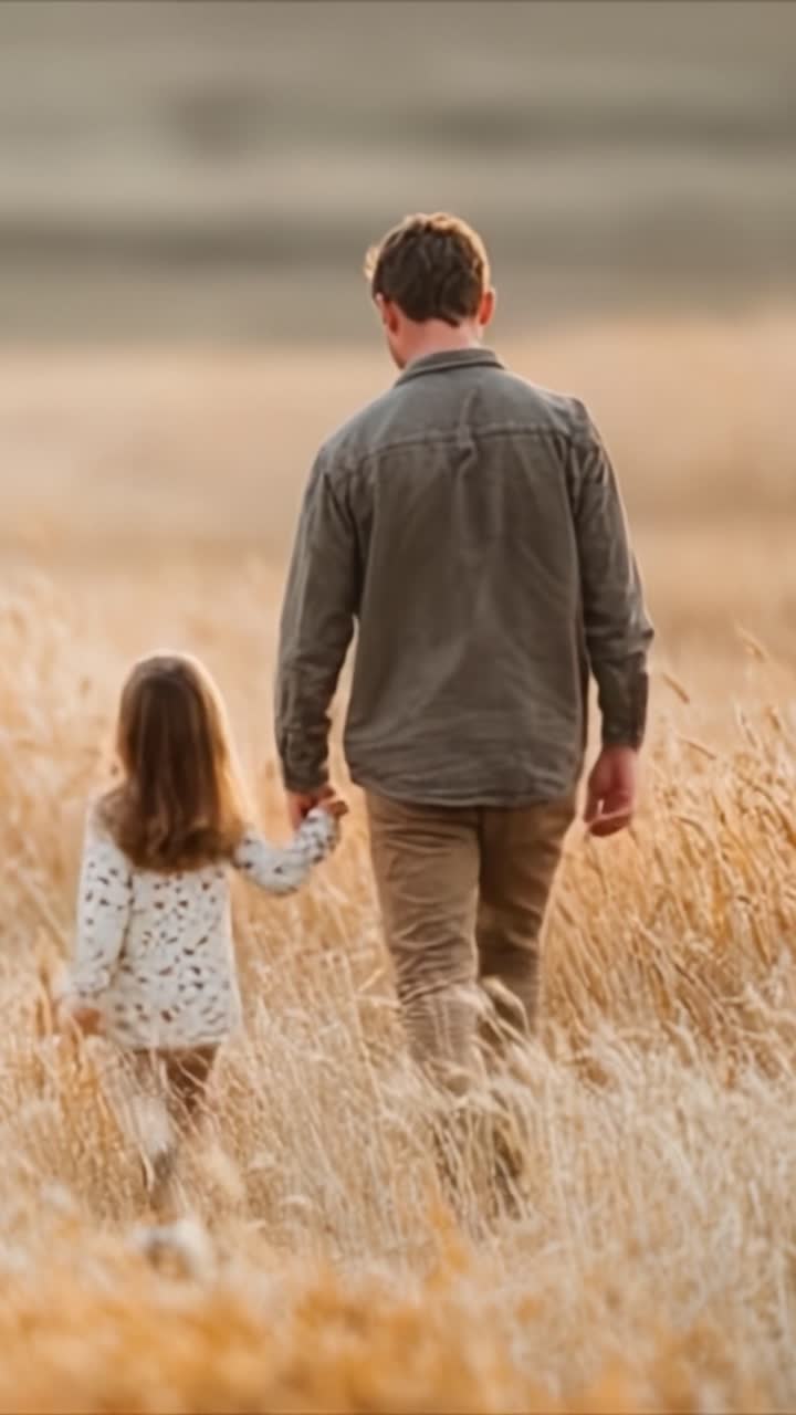 Un viaggio commovente: un genitore e un bambino passeggiano attraverso i campi dorati, abbracciando la natura e l'unione in un paesaggio sereno