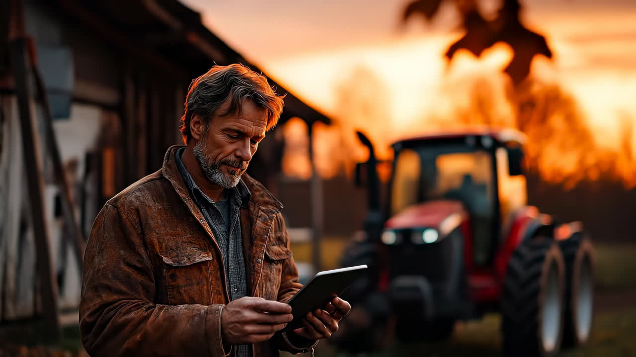 Farmer with tablet by tractor. A farmer is using a tablet outdoors at sunset while leaning against a barn. A red tractor is visible in the background