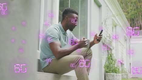animation of 6g text over african american man using smartphone