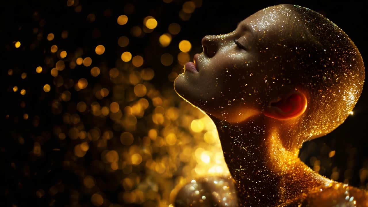 A captivating scene featuring a glowing figure adorned with shimmering particles, set against a dark backdrop. The ethereal beauty captures the essence of light and reflection, creating an enchanting visual display