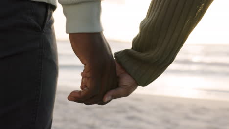 trust, love and holding hands with couple at beach