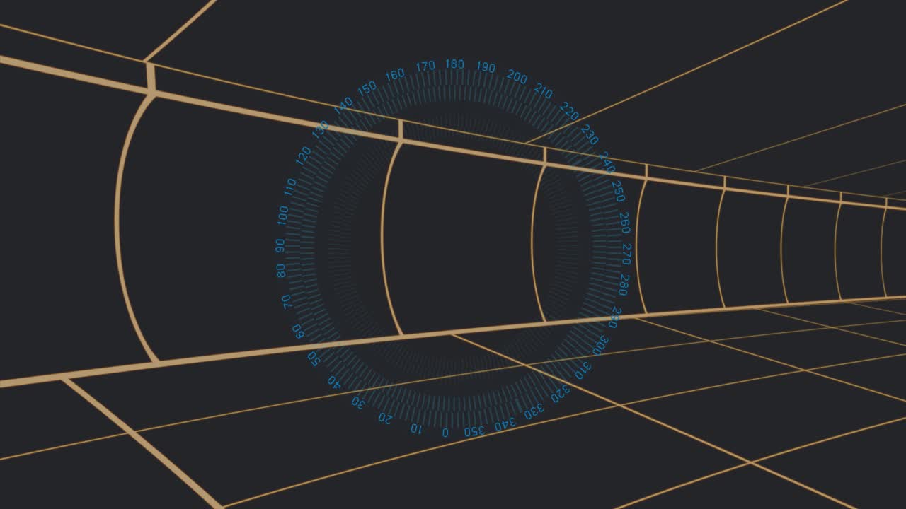 Camera starting pan, blue dial rotating and drifting, revealing tunnel depth and numeric ring