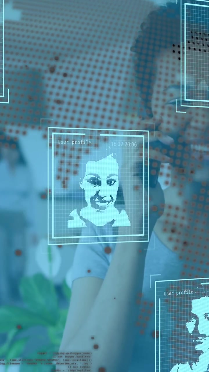 Animation of globe and user photos over woman in office