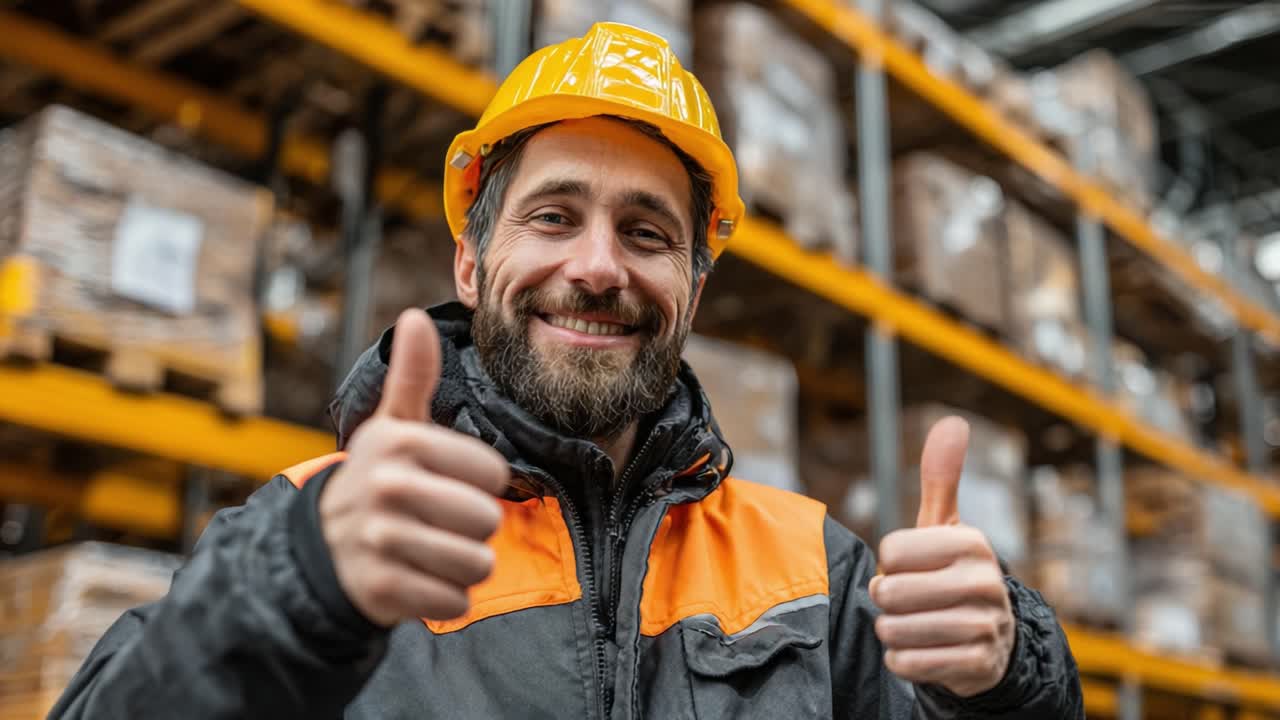 A Happy Warehouse Worker Gives a Thumbs-Up While Wearing Safety Gear in a Well-Organized Industrial Facility
