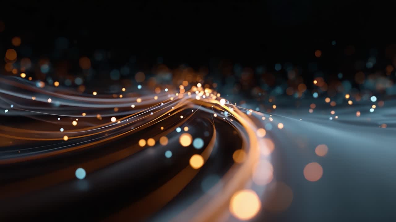 Fluxo dinâmico de partículas de luz e ondas elegantes em um plano de fundo escuro, criando uma experiência visual cativante de movimento e energia