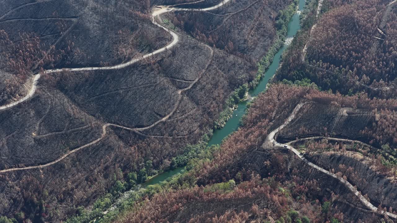 Burned landscape near a river in Portugal after 2025 summer wildfires