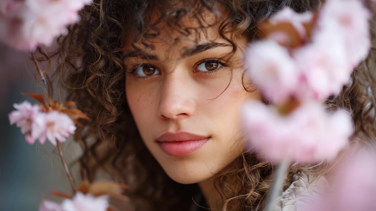 Bella giovane donna con capelli ricci posa con grazia tra i ciliegi in fiore, mostrando bellezza naturale e vivaci colori primaverili in un ritratto accattivante.