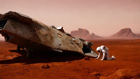 astronaut investigating a crashed spaceship on mars