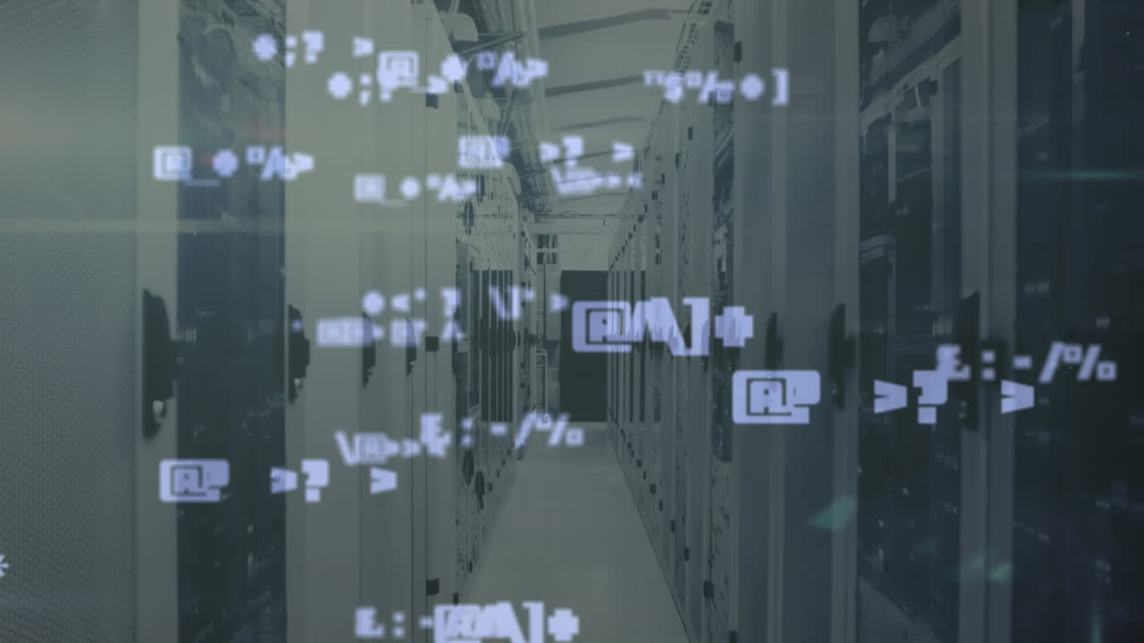 컴퓨터 서버 에서 변하는 기호와 모자이크 사각형의 애니메이션