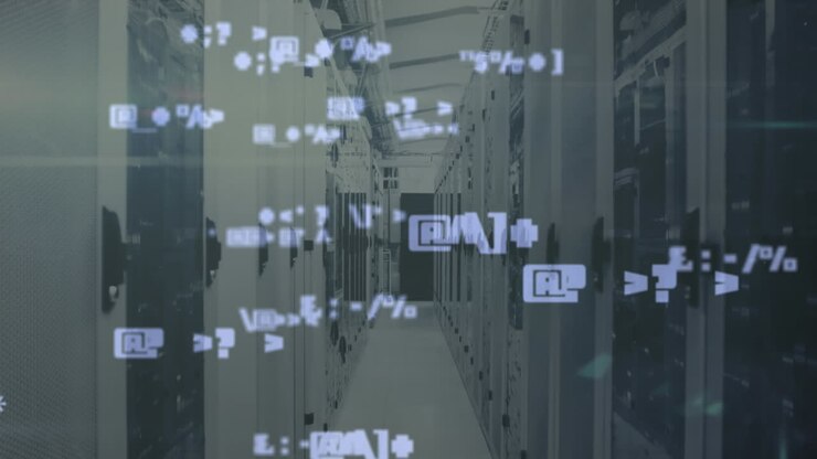 Animation of changing symbols and mosaic squares over computer server room