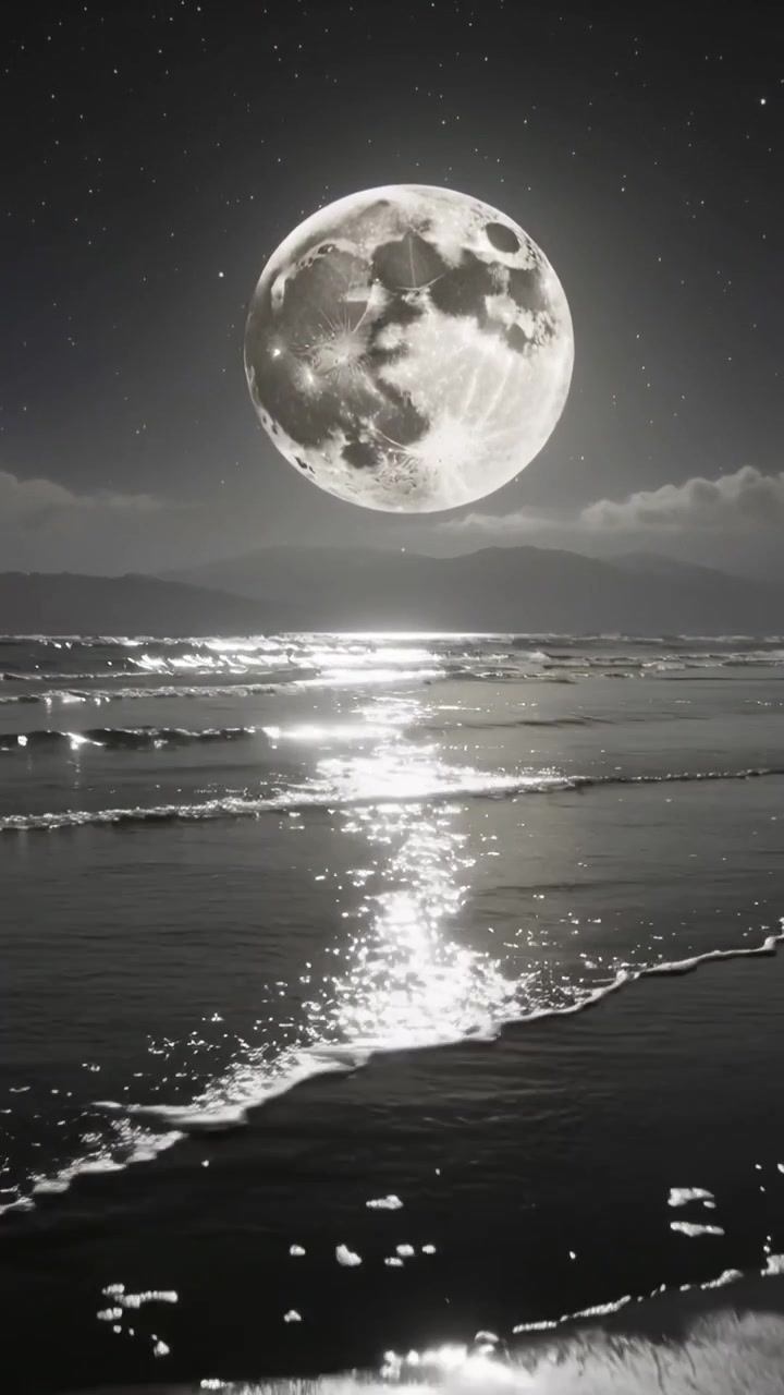 Vídeo vertical: Onda que se aproxima trazendo o reflexo da lua cheia cintilando no oceano mostrando espuma na areia molhada.