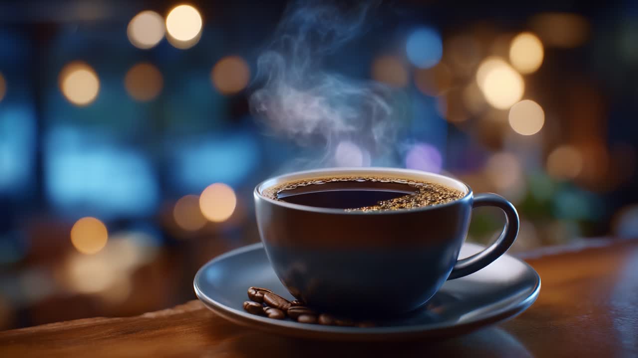En dampende kop friskbrygget kaffe med aromatisk damp, der stiger op og fremviser rige smagsoplevelser mod en varm, sløret baggrund af en hyggelig caféstemning