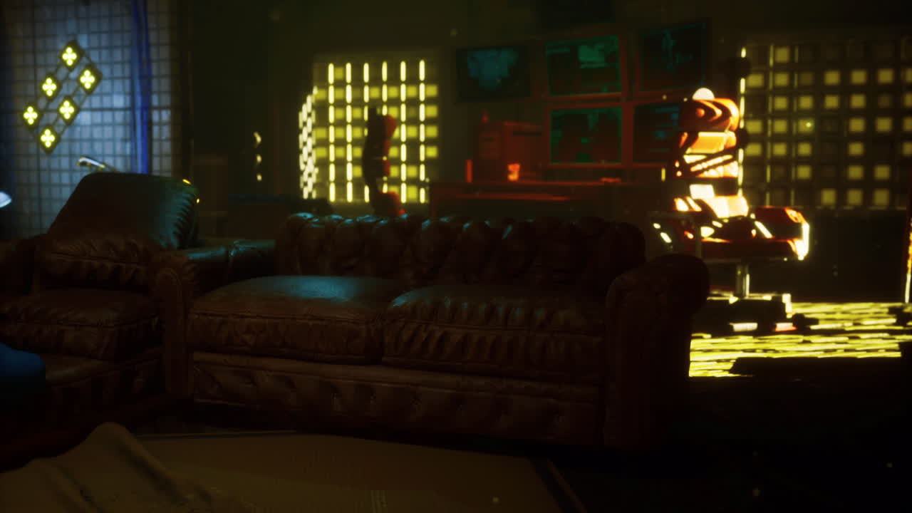 Cozy living room with modern lighting and unique decor in a nighttime setting