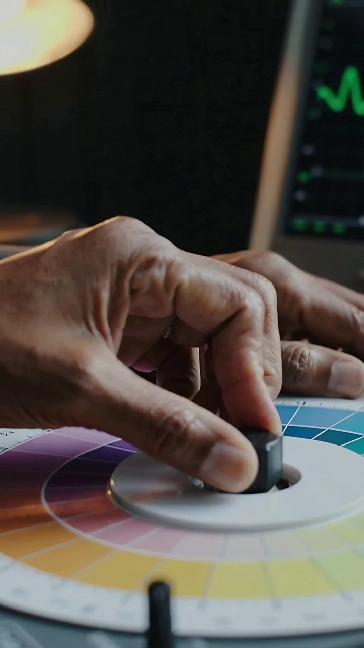 Video verticale: Mano destra di un tecnico che abbassa una manopola a rotella, regolando il colore alla scrivania, con monitor.