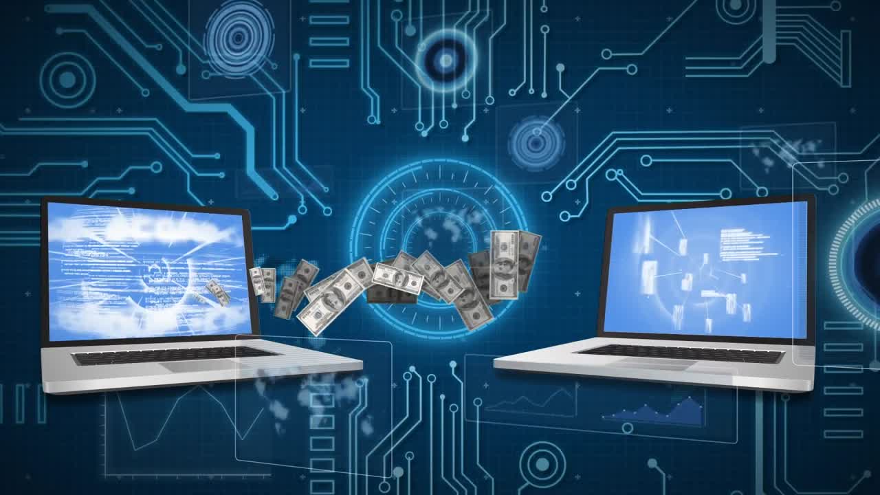 animación de computadoras portátiles digitales y billetes en la interfaz