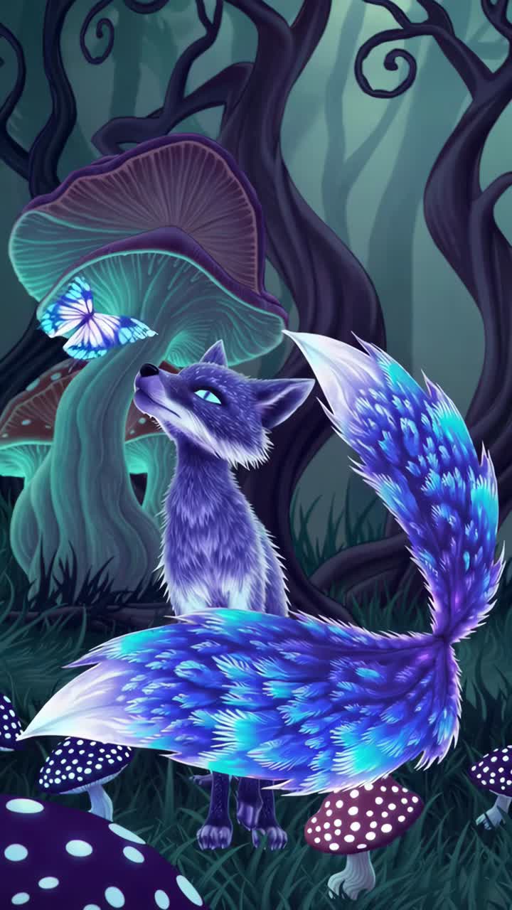 Una volpe mistica con pelliccia blu brillante fissa una farfalla in una foresta incantata
