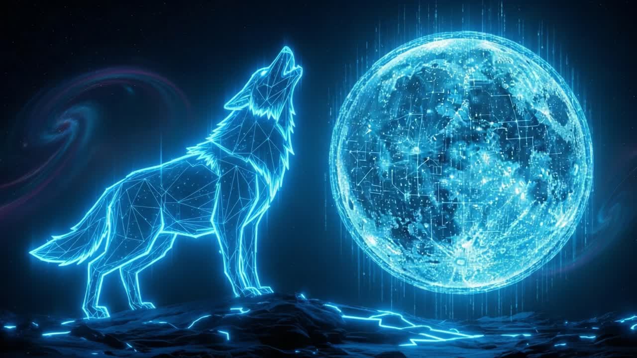 Un lupo futuristico che ulula a una luna illuminata in un paesaggio cosmico, fondendo natura e tecnologia per un'esperienza visiva mozzafiato.