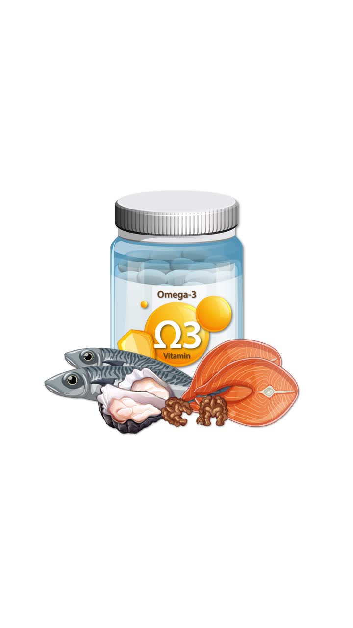 Flacone di integratore Omega-3 con pesce, salmone, noci e ostriche che appaiono su sfondo bianco, transizioni fluide