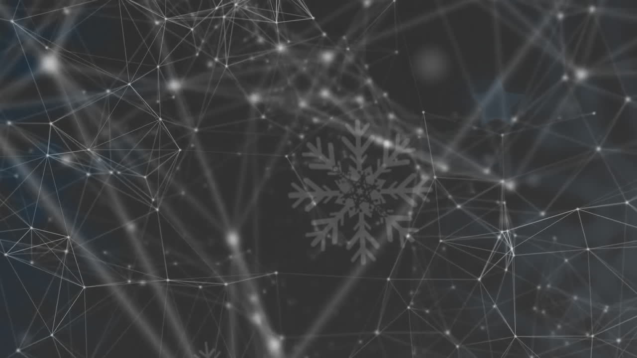Animation of snowflake and network connections forming abstract digital pattern