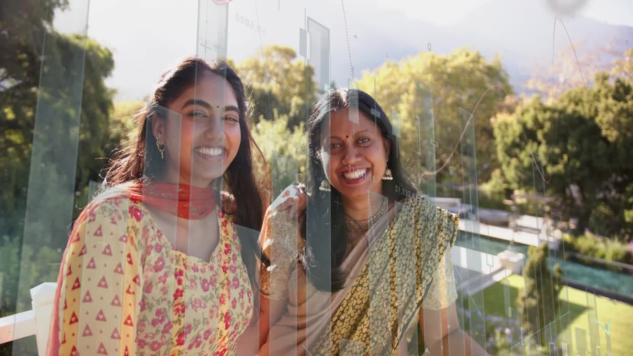 Daughter placing hand on mom's shoulder sparking affection and joy while stock charts over faces