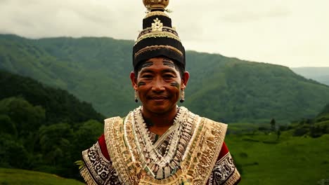 portrait of a smiling man in traditional clothing with mountains in the background