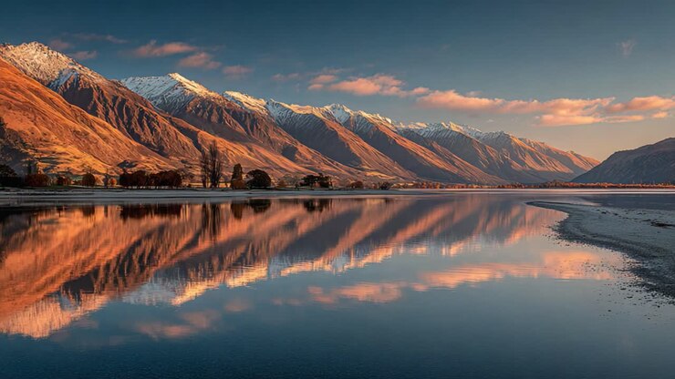 Breathtaking Landscape of Majestic Mountains and Serene Reflections at Sunset, Capturing Nature's Beauty with Vibrant Colors and Tranquil Waters