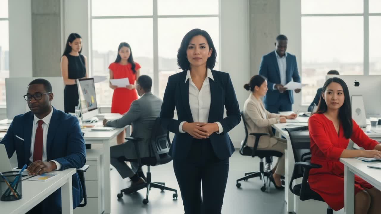 A Confident Leader Navigates Through a Modern Office Environment, Surrounded by a Diverse Team Working Collaboratively in a Professional Setting