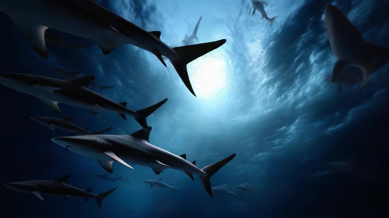 A Dramatic Underwater Scene Featuring a School of Sharks Swimming Through Deep Blue Waters Illuminated by Striking Light Reflection from Above