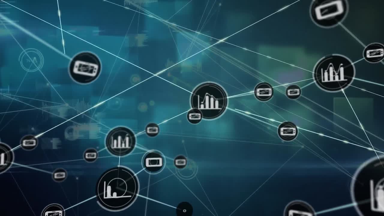 animación de gráficos e iconos de teléfonos que se conectan con líneas sobre cajas y ondas sonoras