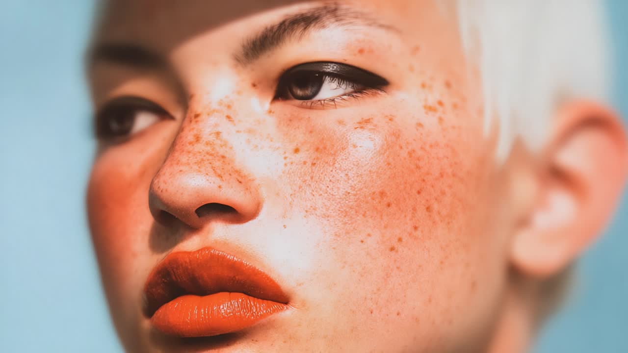 A Stunning Close-Up of Freckled Skin and Bold Lips Against a Soft Blue Background, Capturing Unique Beauty and Expression in an Artistic Portrait