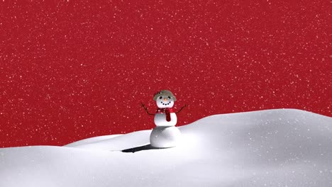 animation of snow falling over snowwoman on winter landscape against red background with copy space