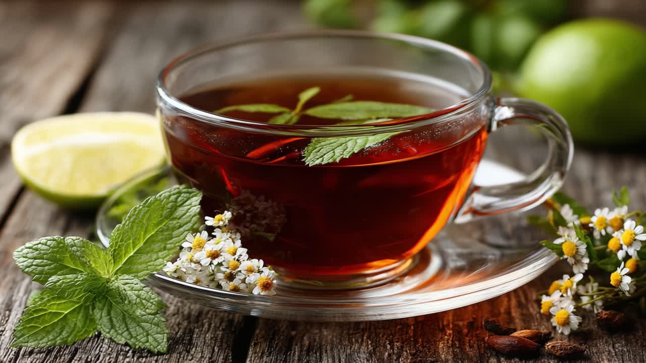 Una rinfrescante tazza di tisana guarnita con menta fresca e limone, perfettamente presentata su un tavolo di legno rustico circondata dalla bellezza della natura