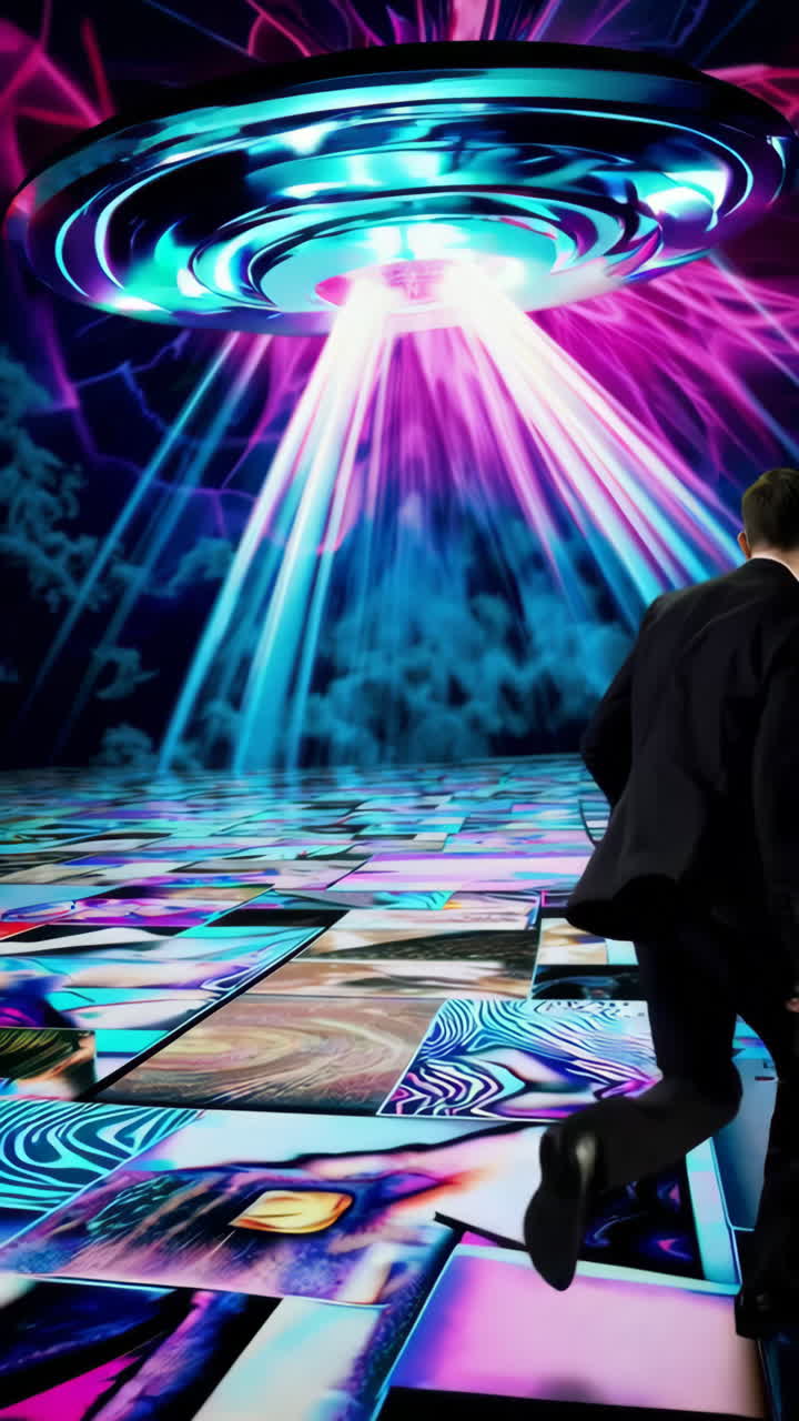 Man Running Towards UFO Light Beam in Surreal Digital Landscape